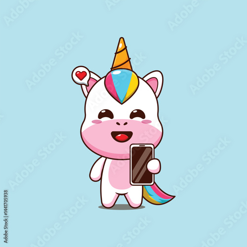 Cute unicorn cartoon vector illustration with mobile phone