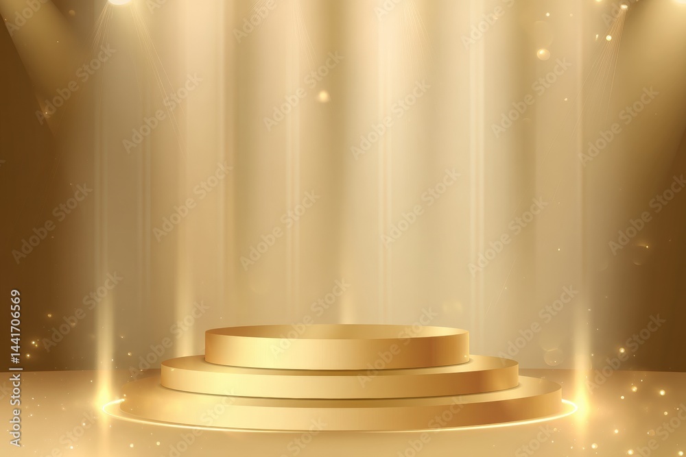 Obraz premium A golden podium is illuminated by spotlights, creating a luxurious and celebratory atmosphere with sparkling light effects.