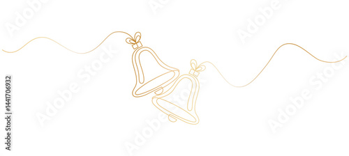 One continuous line drawing of Christmas golden bells. One line drawing, minimalist. Vector illustration.