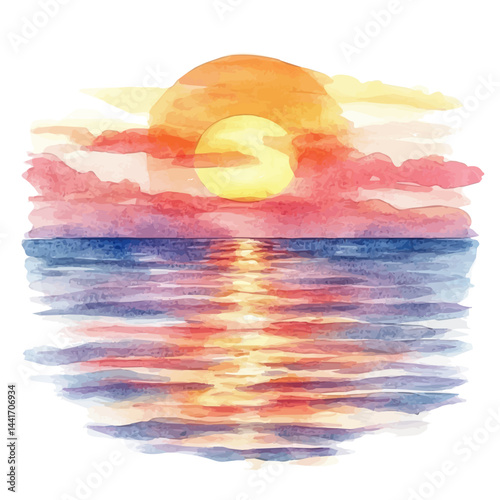 Sunset Over A Calm Ocean, watercolor vector, isolated on a white background.