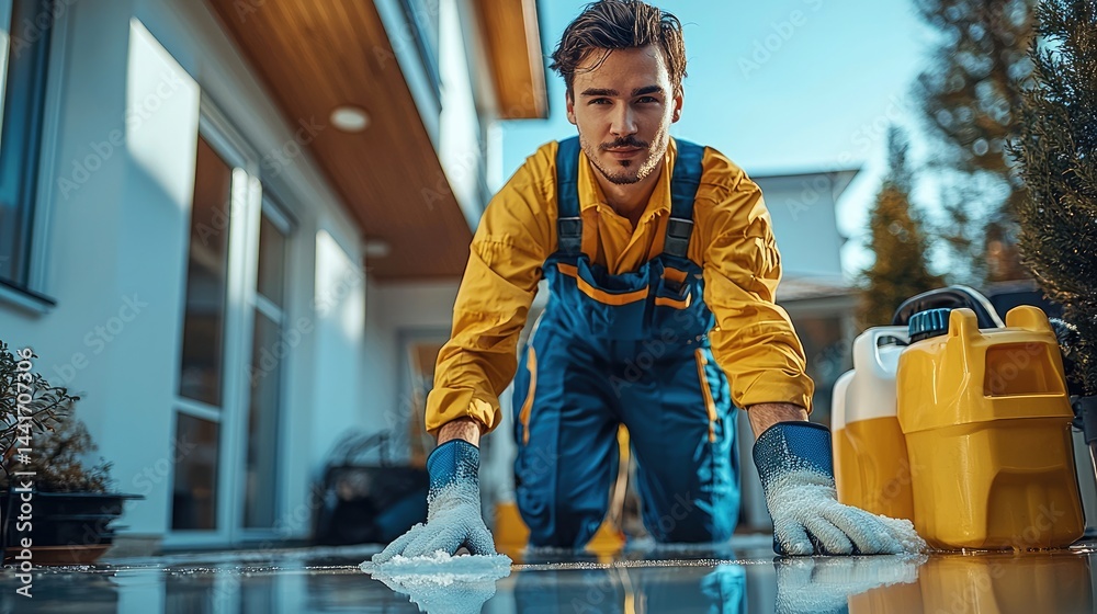 A cleaning service employees cleaning houses.