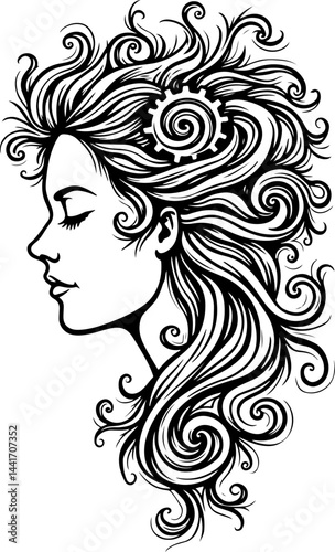 Steampunk Woman Profile Tattoo Vector Design with Mechanical Hair