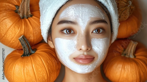 Obraz na płótnie Pumpkin enzyme skin peel, Korean woman. w salonie