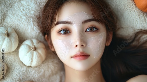 Obraz na płótnie Pumpkin enzyme skin peel, Korean woman. w salonie