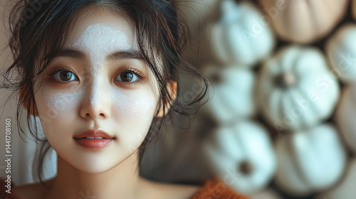 Obraz na płótnie Pumpkin enzyme skin peel, Korean woman. w salonie