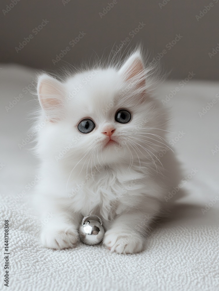White baby cat with her face forward with small silver bell, sitting on the white floor, white background, cute.