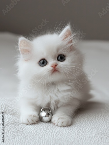 Obraz na płótnie White baby cat with her face forward with small silver bell, sitting on the white floor, white background, cute. w salonie