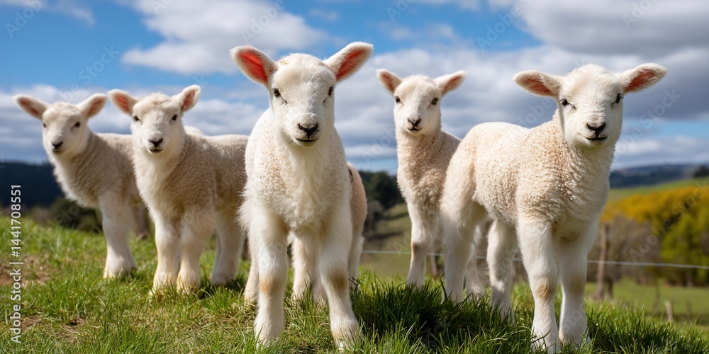 Obraz premium Cute lambs in a grassy field on a sunny day. Possible use Children's book illustration, farm animals poster