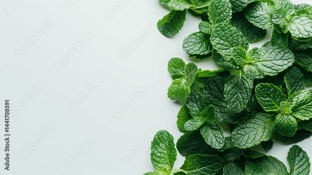 Mint Whisper: Crisp sprigs of mint laid out on a pure white canvas