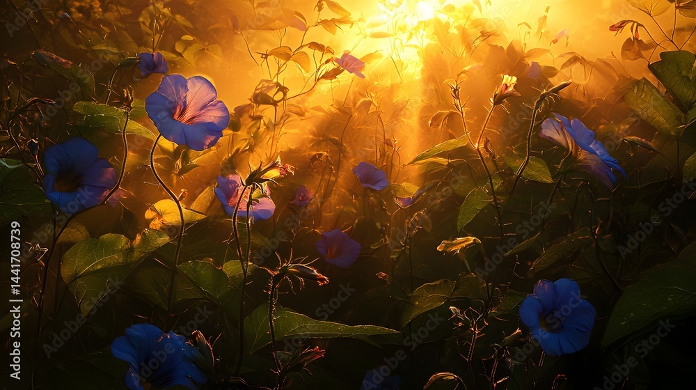 Fototapeta premium Ethereal Sunrise Illuminates Blooming Blue Flowers in Dense Foliage