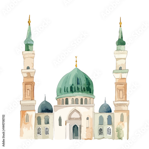watercolor illustration of Al-Masjid an-Nabawi Mosque