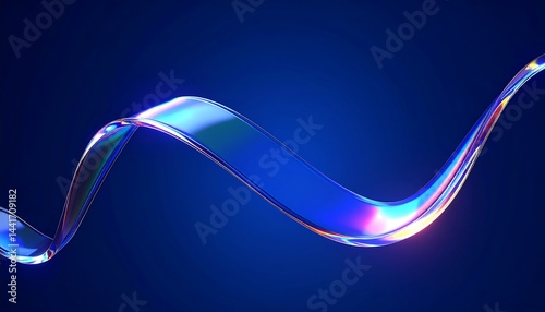 3d abstract liquid glass transparent ribbon wave line on dark blue background. Render gradient water tape, fluid flow curve shape with flare and light refraction on neon black bg.crystal, curve, effec