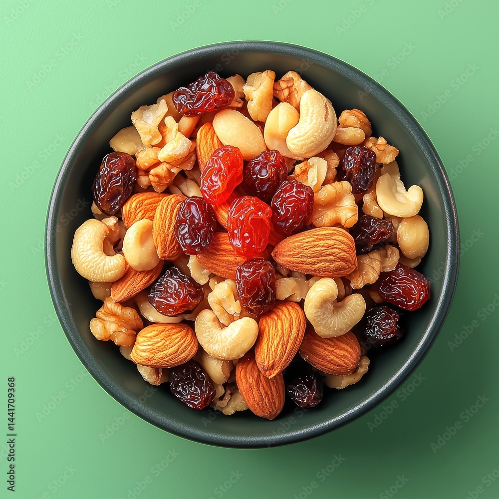 A oatmeal, almonds, cashew nuts, and red raisins. on green background.