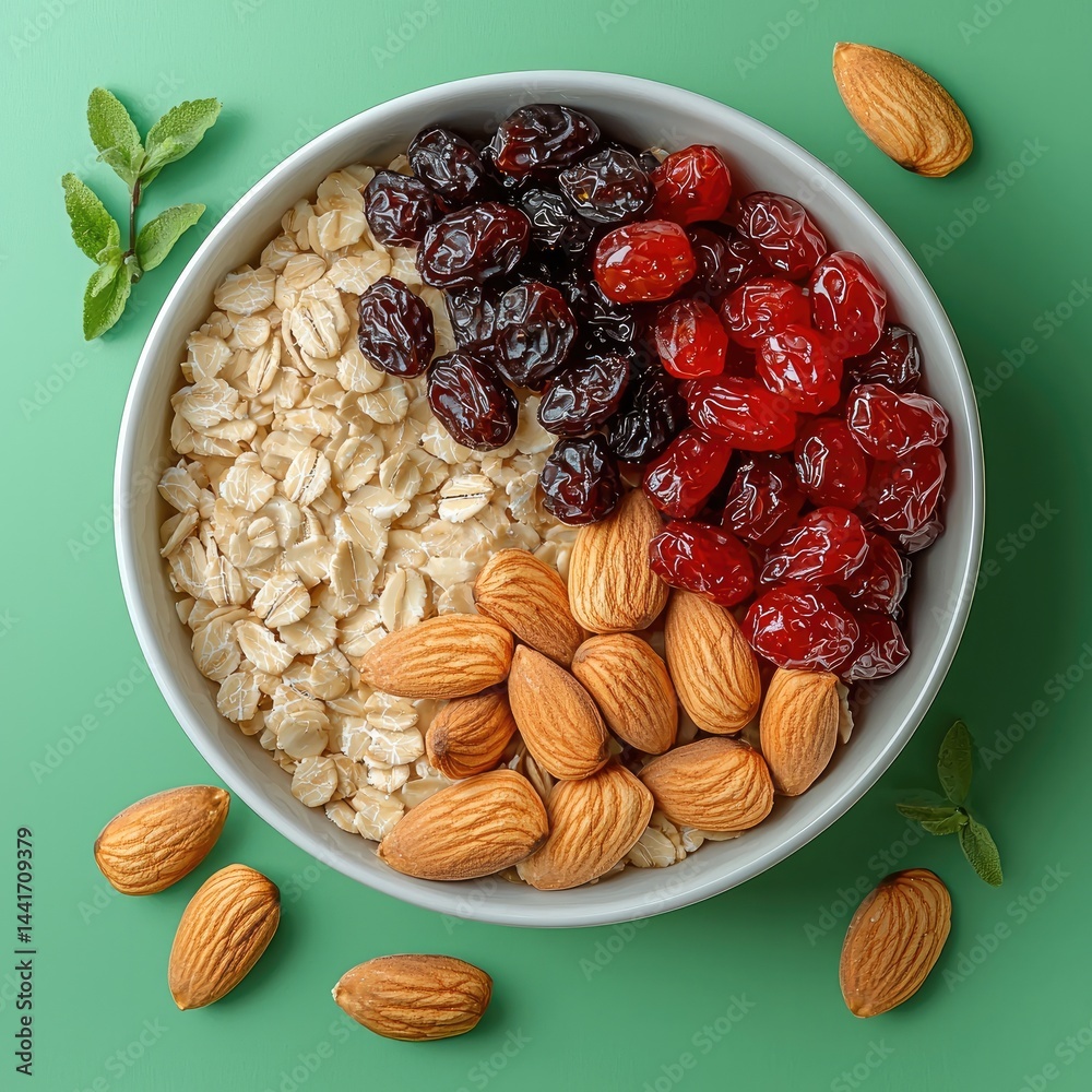 A oatmeal, almonds, cashew nuts, and red raisins. on green background.