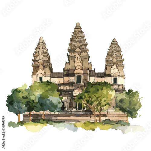 watercolor illustration of Angkor Wat Thailand clipart isolated