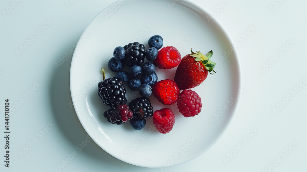 Fresh berry medley on clean white plate, vivid and simple
