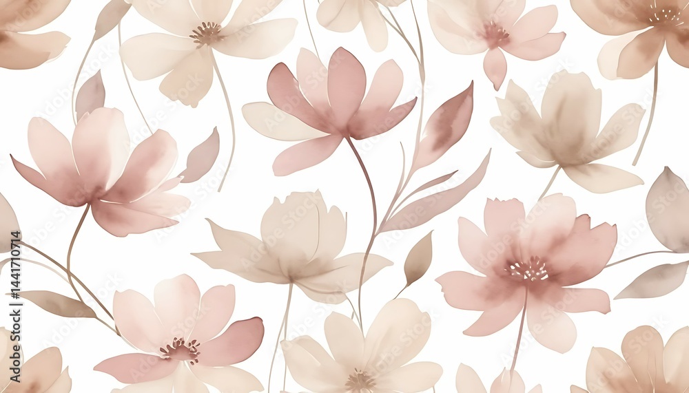 Fototapeta premium Floral Watercolor Pattern with Soft Pink and Beige Flowers