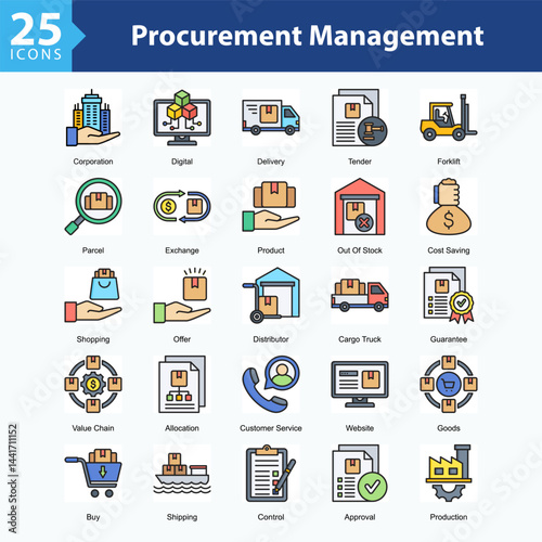 Procurement Management is a collection of icons in sheet format representing procurement processes, retail management, and operational efficiency in business transactions.	