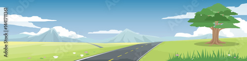 Cartoon Vector or Illustration banner of asphalt road. Road that curves along the slope. Alone of tree on the hills. Green open fields and mountain under blue sky for background.
