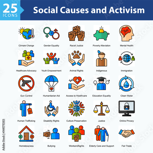 Social Causes and Activism is a collection of icons in sheet format illustrating global social issues, human rights movements, and sustainability campaigns supporting positive societal change.