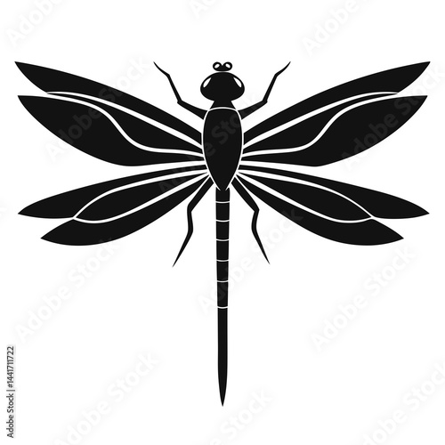 Black silhouette of a detailed dragonfly with wings spread wide