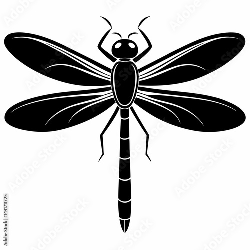 Black silhouette of a detailed dragonfly with wings spread wide
