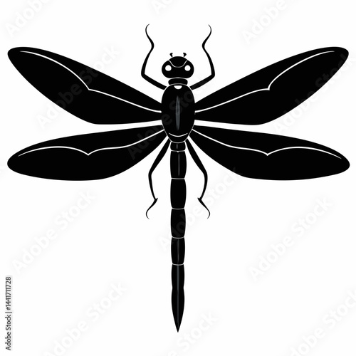 Black silhouette of a detailed dragonfly with wings spread wide
