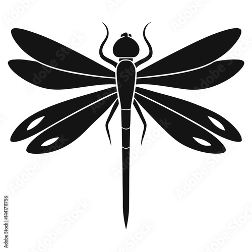 Black silhouette of a detailed dragonfly with wings spread wide
