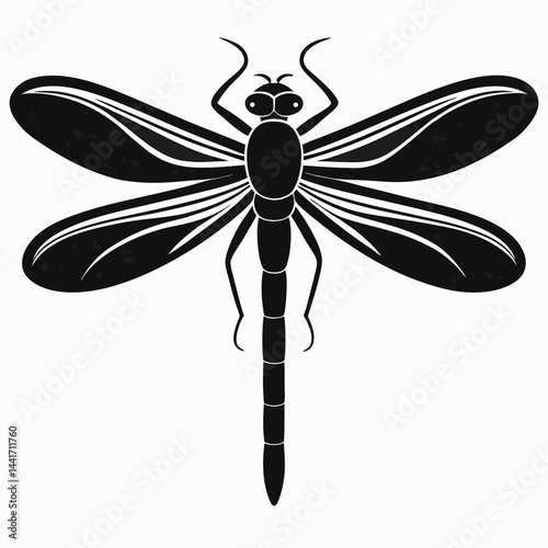 Black silhouette of a detailed dragonfly with wings spread wide