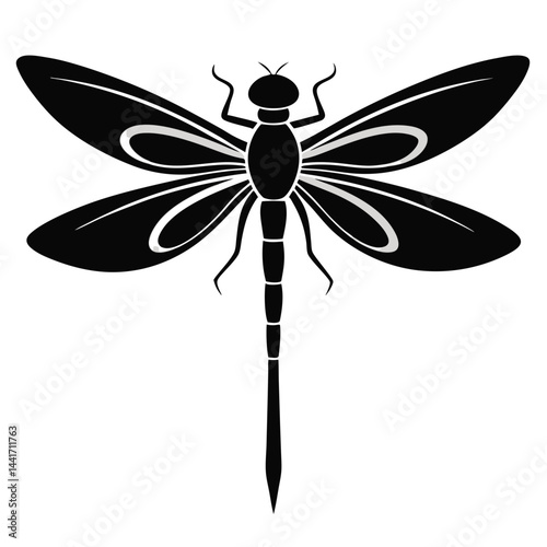 Black silhouette of a detailed dragonfly with wings spread wide