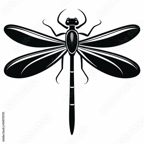 Black silhouette of a detailed dragonfly with wings spread wide
