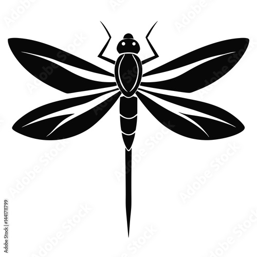 Black silhouette of a detailed dragonfly with wings spread wide