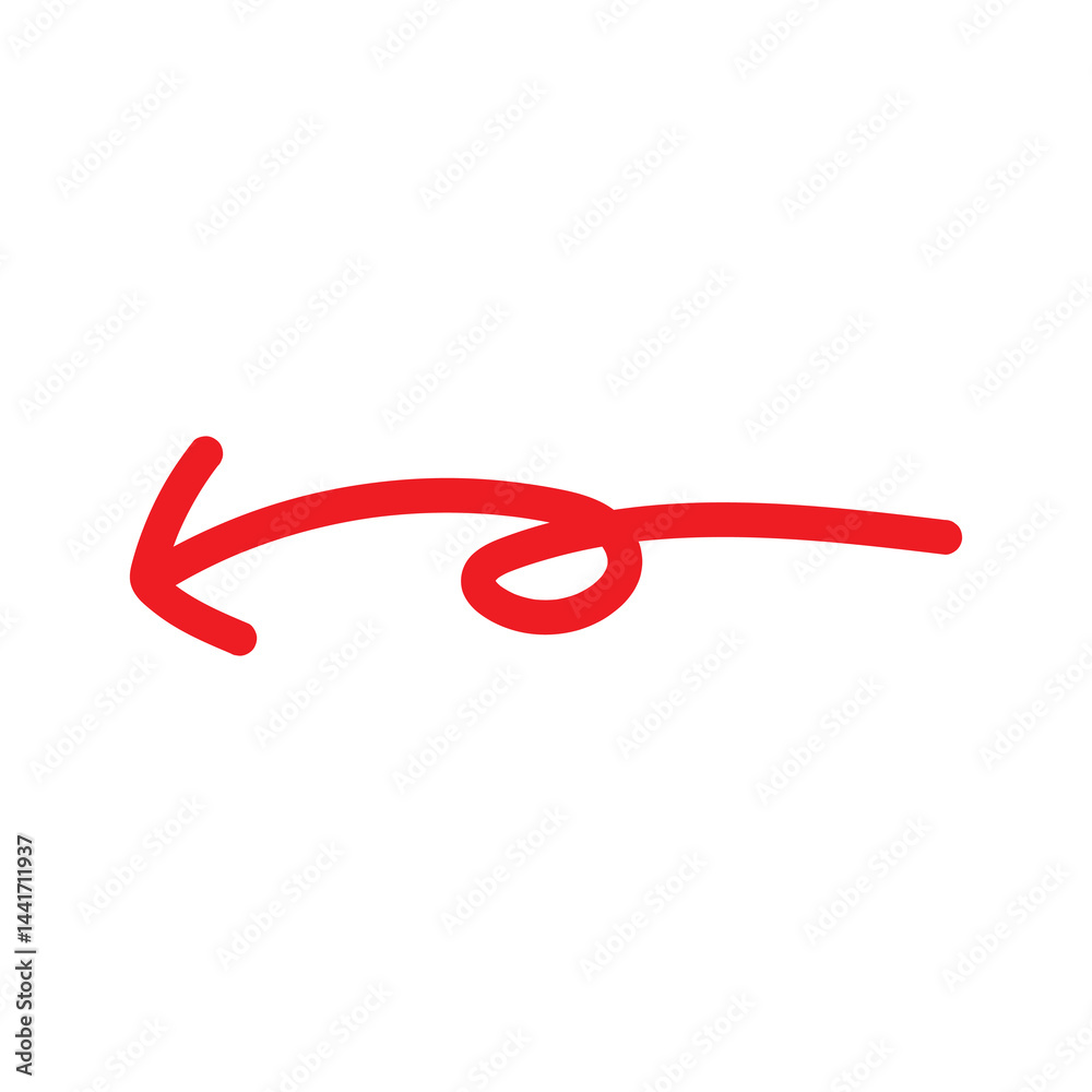 Curved Red Arrow Icon Pointing Left – Hand-drawn Style with Loop Curved Red Arrow Icon Pointing Left – Hand-drawn Style with Loop
