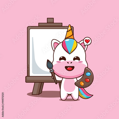 Cute unicorn cartoon vector illustration wants to paint on canvas