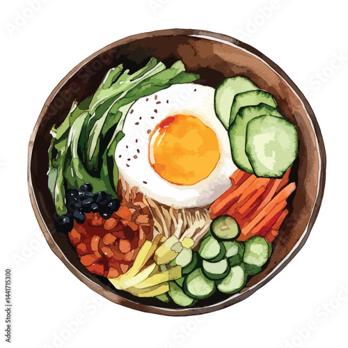 watercolor illustration of Bibimbap clipart isolated