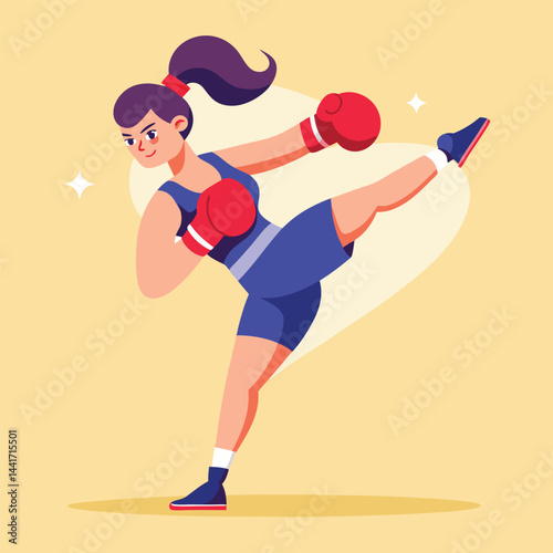 Woman boxing. Female fighter in boxing gloves practices kick, punching and hitting. Strong girl athlete at sports training or workout. Flat vector illustration isolated on background