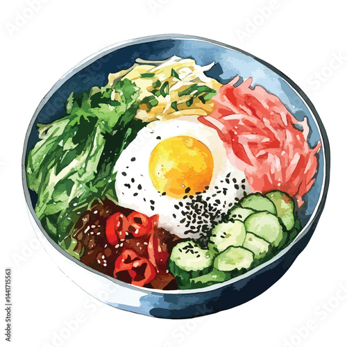 watercolor illustration of Bibimbap clipart isolated