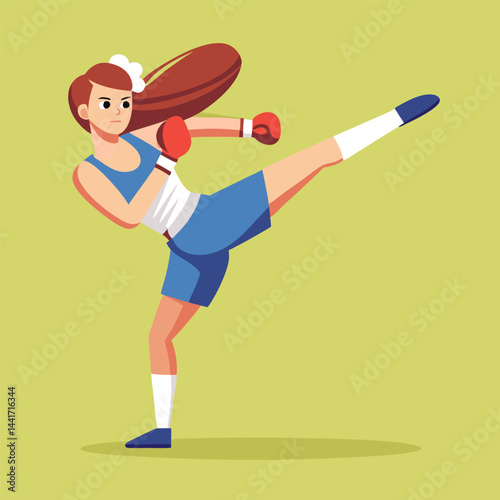 Woman boxing. Female fighter in boxing gloves practices kick, punching and hitting. Strong girl athlete at sports training or workout. Flat vector illustration isolated on background