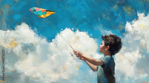 A child flying a colorful kite against a bright blue summer sky with fluffy white clouds.