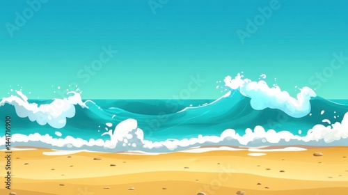 A bright summer beach scene with golden sand, turquoise waves, and a clear blue sky, perfect for vacation and travel themes.