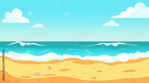 A bright summer beach scene with golden sand, turquoise waves, and a clear blue sky, perfect for vacation and travel themes.
