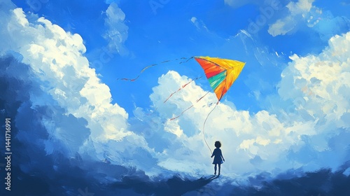 A child flying a colorful kite against a bright blue summer sky with fluffy white clouds.