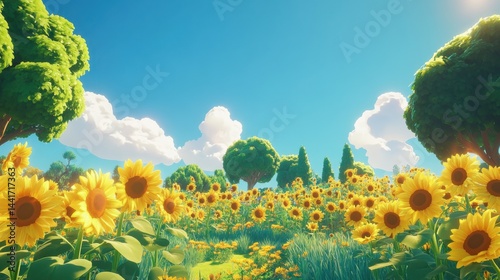 A field of sunflowers in full bloom, bathed in golden sunlight under a clear blue sky.