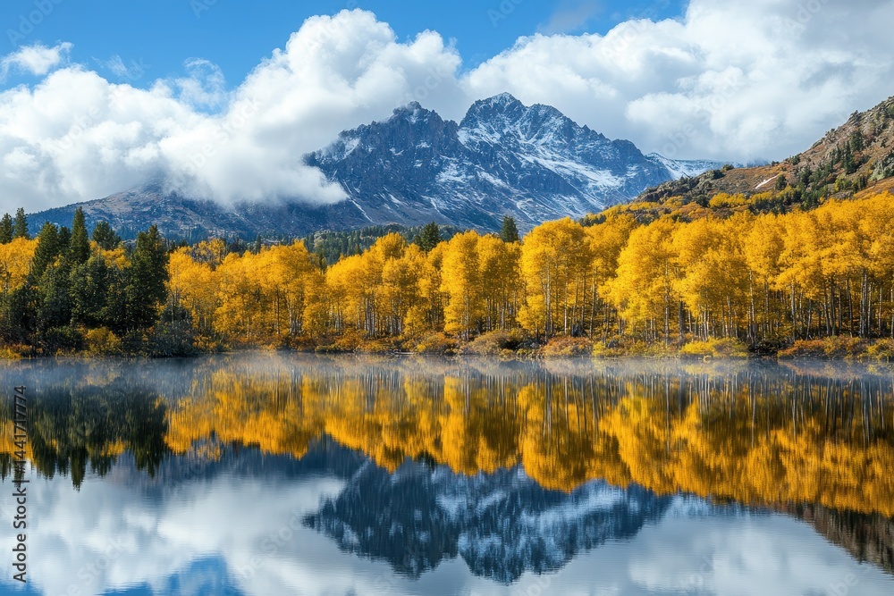 Obraz premium Fall In The Mountains. Colorful Autumn Landscape of June Lake with Yellow Aspens in Sierra Mountains