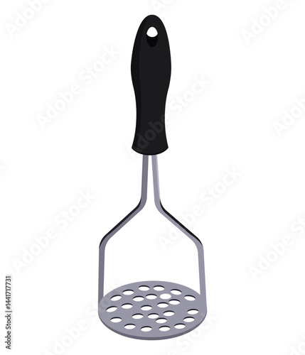 Potato masher with black handle and perforated metal head isolated on white