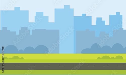 illustration of a city background with a main road, flanked by greenery on both sides, symbolizing urban
