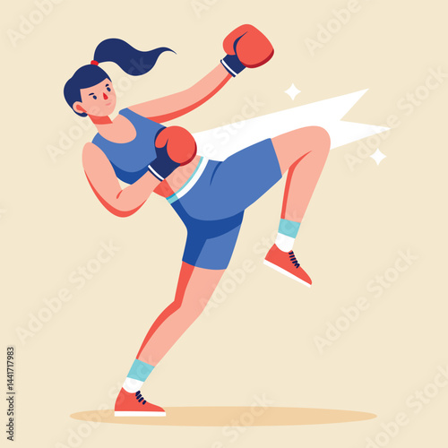 Woman boxing. Female fighter in boxing gloves practices kick, punching and hitting. Strong girl athlete at sports training or workout. Flat vector illustration isolated on background