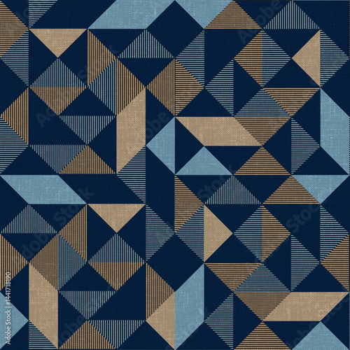 Seamless abstract geometric pattern with triangles. Blue, beige background.