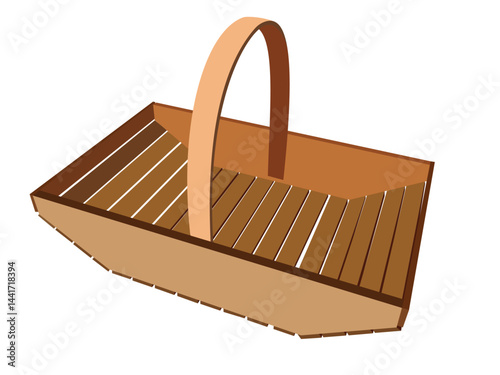 Wooden basket with curved handle and slatted design isolated on white background