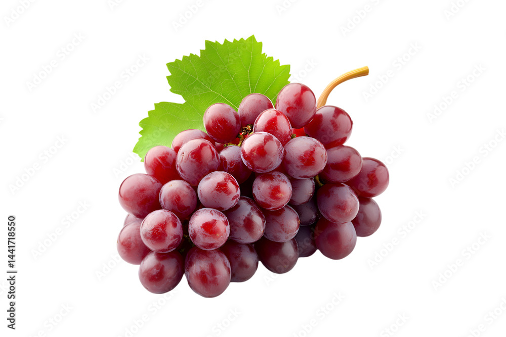 Fototapeta premium Red Grape Bunch with Green Leaf Isolated Black Background